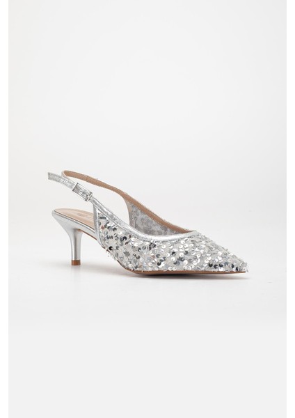 Kadın Kısa Topuklu Abiye Ayakkabı Gümüş Pullu File Topuk Açık fırsatları