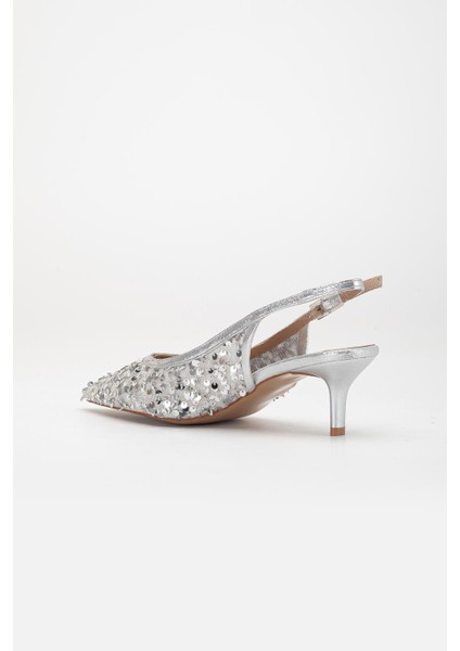 Kadın Kısa Topuklu Abiye Ayakkabı Gümüş Pullu File Topuk Açık indirimleri