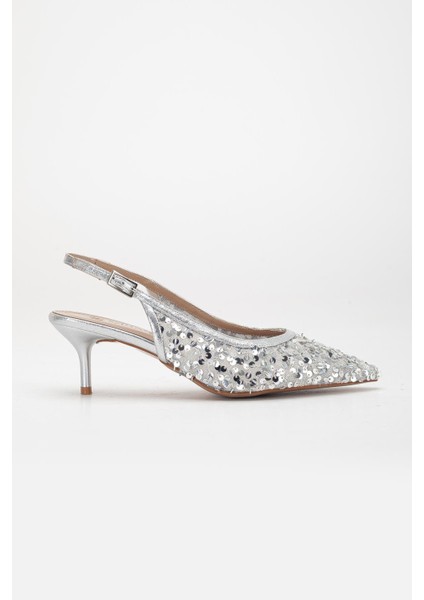 Kadın Kısa Topuklu Abiye Ayakkabı Gümüş Pullu File Topuk Açık modelleri