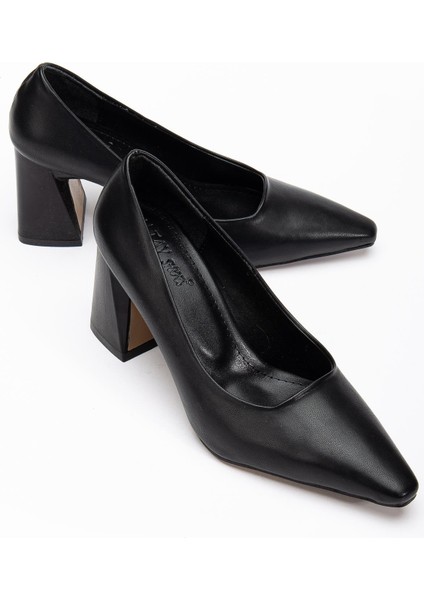 Kadın Kalın Topuklu Stiletto Siyah Düz Model Sivri
