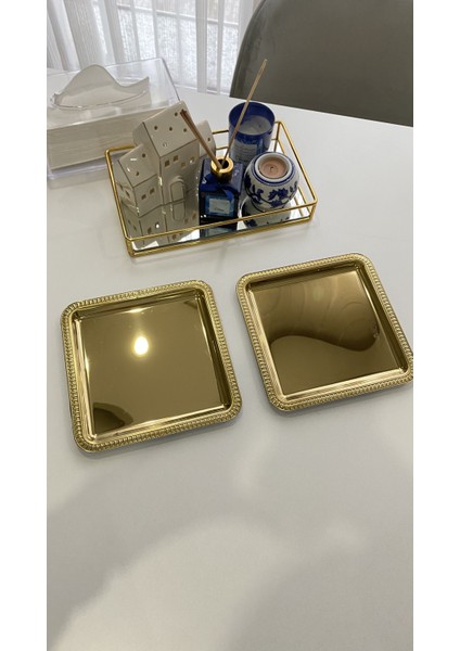 2'li Kahve & Çay & Sunum Tepsisi Motifli Kare Gold Çelik Tepsi