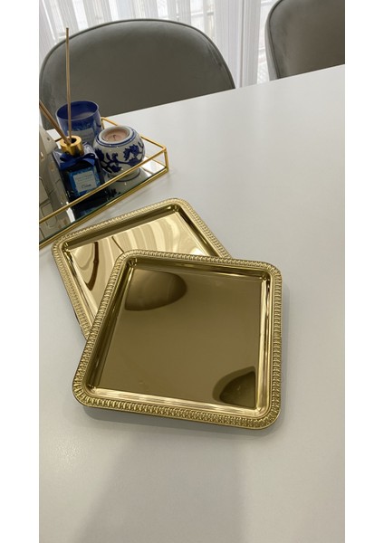 2'li Kahve & Çay & Sunum Tepsisi Motifli Kare Gold Çelik Tepsi fiyatları