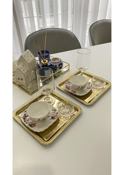 2'li Kahve & Çay & Sunum Tepsisi Motifli Kare Gold Çelik Tepsi modelleri
