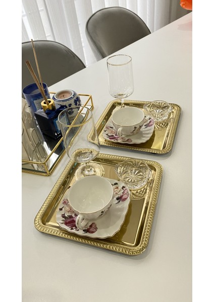 2'li Kahve & Çay & Sunum Tepsisi Motifli Kare Gold Çelik Tepsi fırsatları