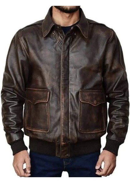 Erkek Pilot Mont Hakiki Koyun Derisi Gömlek Yaka Orta Kalınlık