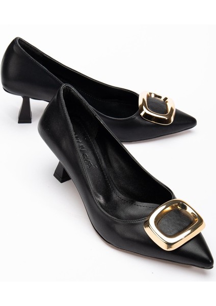 Kadın Topuklu Ayakkabı Siyah Kare Tokalı Cilt Kadeh Topuklu