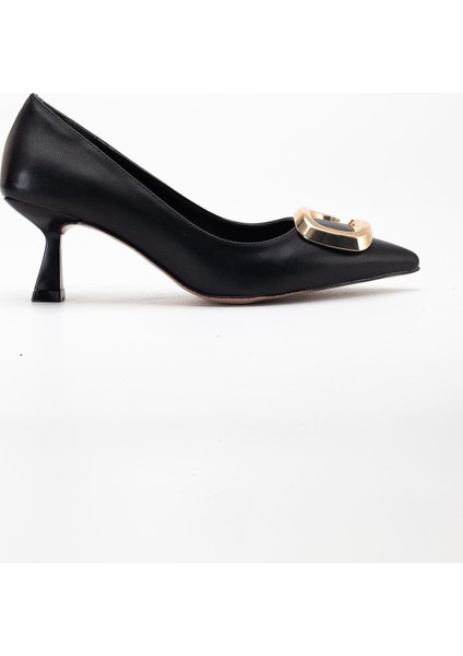 Kadın Topuklu Ayakkabı Siyah Kare Tokalı Cilt Kadeh Topuklu modelleri