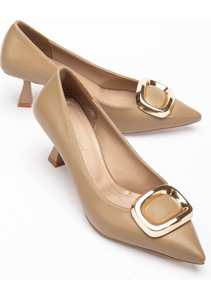 Kadın Topuklu Ayakkabı Vizon Kare Tokalı Cilt Kadeh Topuklu