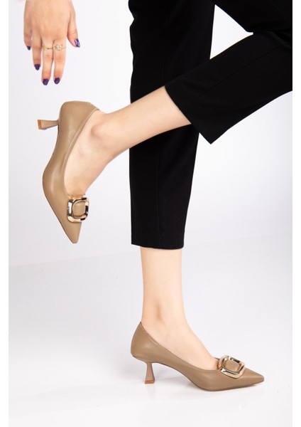 Kadın Topuklu Ayakkabı Vizon Kare Tokalı Cilt Kadeh Topuklu fiyatları