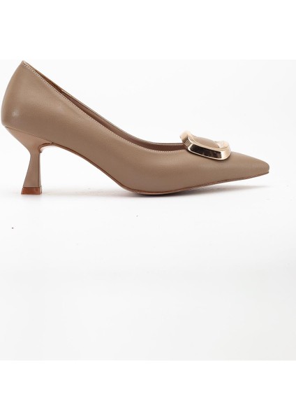 Kadın Topuklu Ayakkabı Vizon Kare Tokalı Cilt Kadeh Topuklu modelleri