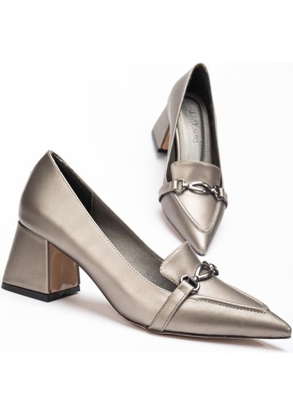 Kadın Topuklu Ayakkabı Platin Sivri Tokalı Kalın Topuklu