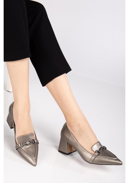 Kadın Topuklu Ayakkabı Platin Sivri Tokalı Kalın Topuklu fiyatları