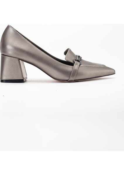 Kadın Topuklu Ayakkabı Platin Sivri Tokalı Kalın Topuklu modelleri