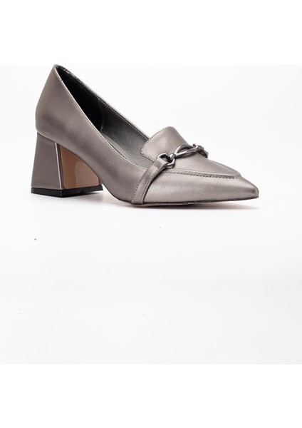 Kadın Topuklu Ayakkabı Platin Sivri Tokalı Kalın Topuklu fırsatları