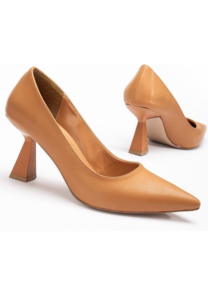 Cilt Ince Topuk Camel Büyük Numara Kadın Ayakkabısı Topuklu Stiletto