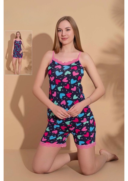 Renkli Kalp Desenli Pembe Dantelli Askılı Şortlu Pijama Takımı