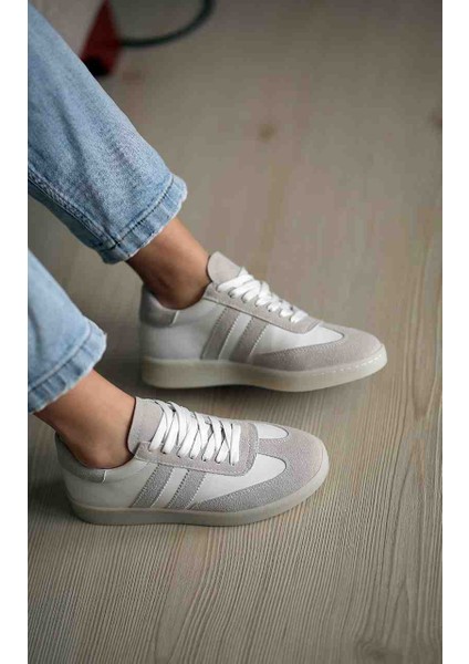ER1204 Gri Süet Yanları Beyaz Cilt Bağcıklı Sneaker Günlük Ayakkabı