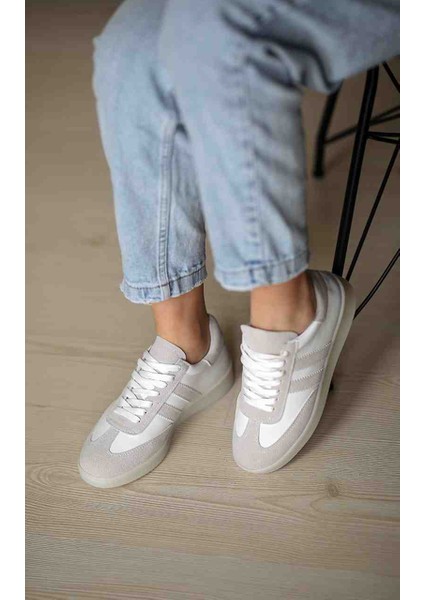 ER1204 Gri Süet Yanları Beyaz Cilt Bağcıklı Sneaker Günlük Ayakkabı