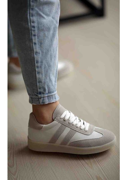 ER1204 Gri Süet Yanları Beyaz Cilt Bağcıklı Sneaker Günlük Ayakkabı