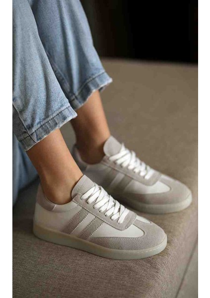 ER1204 Gri Süet Yanları Beyaz Cilt Bağcıklı Sneaker Günlük Ayakkabı
