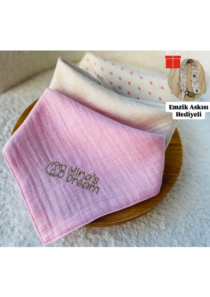 Minasdream Üçlü 4 Kat %100 Pamuklu Minik Pembe Ponpon ve Saf Müslin Kumaş Çift Yön Önlük Fular Emzik Askısı Hediyeli