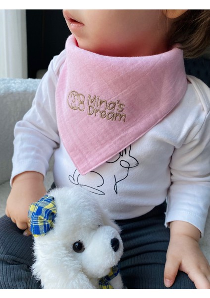 Minasdream Üçlü 4 Kat %100 Pamuklu Minik Pembe Ponpon ve Saf Müslin Kumaş Çift Yön Önlük Fular Emzik Askısı Hediyeli