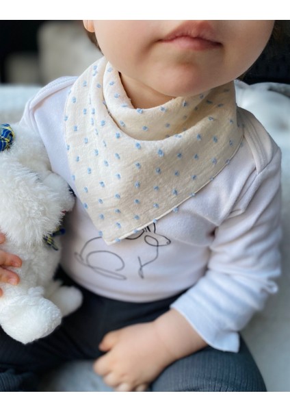 Minasdream Üçlü 4 Kat %100 Pamuklu Minik Mavi Ponpon ve Saf Müslin Kumaş Çift Yön Önlük Fular Emzik Askısı Hediyeli
