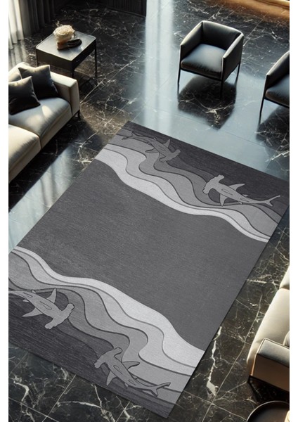 Çekiç Baş Köpekbalığı Desenli Scuba Dalış Su Altı Temalı Dijital Baskılı Genç Odası Halısı