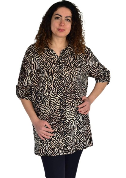 Kadın Büyük Beden Leopar Desen Viskon Bluz BGL-ST04255