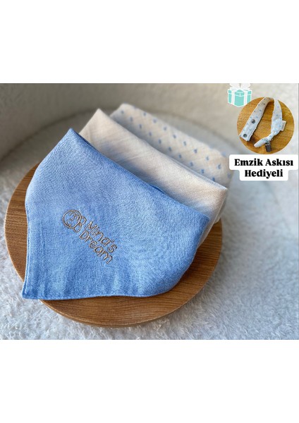 Minasdream Üçlü 4 Kat %100 Pamuklu Minik Mavi Ponpon ve Saf Müslin Kumaş Çift Yön Önlük Fular Emzik Askısı Hediyeli