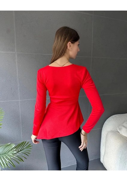 Kadın Kruvaze Yaka Kemer Detay Asimetrik Kesim Bluz modelleri