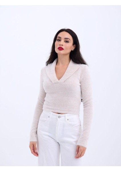42531 Triko Simli Yakalı Crop-Ekru