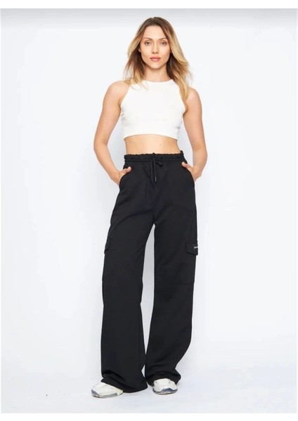 Kargo Cepli Palazzo Oversize Kesim Iki Iplik Bol Paça Eşofman Altı Pantalon - Siyah modelleri