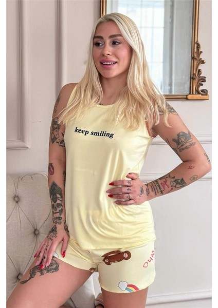 Sarı Keep Smiling Desenli Bambu Sıfır Kol Şortlu Kadın Pijama Takımı