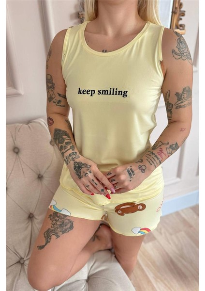 Sarı Keep Smiling Desenli Bambu Sıfır Kol Şortlu Kadın Pijama Takımı indirimleri