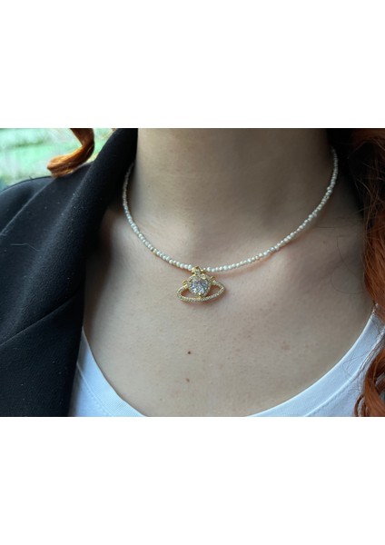 Doğal Tatlı Su Kum Incisi- Zirkon Uçlu Kolye