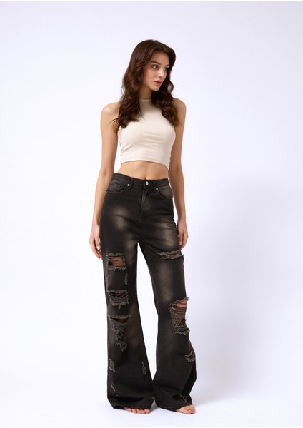 Lazer Kesim Wide Leg Yüksek Bel Jean