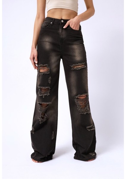 Lazer Kesim Wide Leg Yüksek Bel Jean