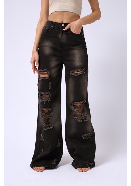 Lazer Kesim Wide Leg Yüksek Bel Jean