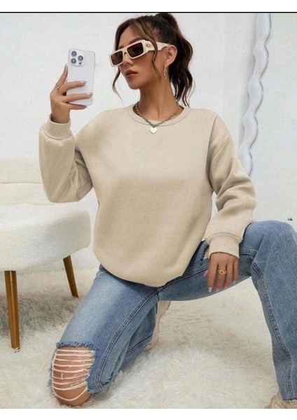 Kadın Uzun Kollu Bisiklet Yaka Şardonlu Üç Iplik Kumaş Sweat