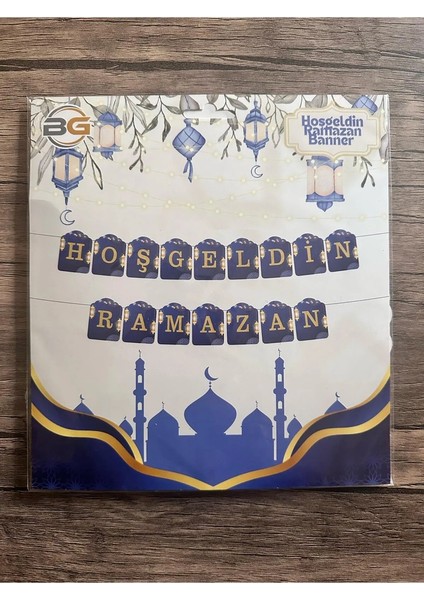 Hoşgeldin Ramazan Banner - Mavi Altın Dekoratif Yazı - 230 cm