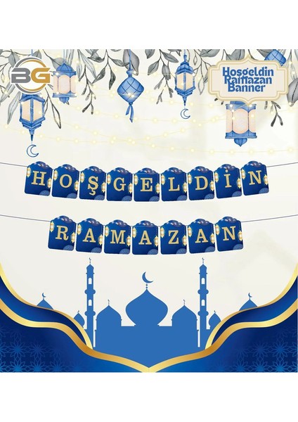 Hoşgeldin Ramazan Banner - Mavi Altın Dekoratif Yazı - 230 cm modelleri