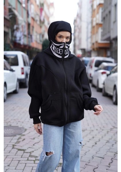 Samuray Kapşonlu Zıp Fermuarlı Çift Kapşonlu Nakışlı Sweatshirt- Siyah