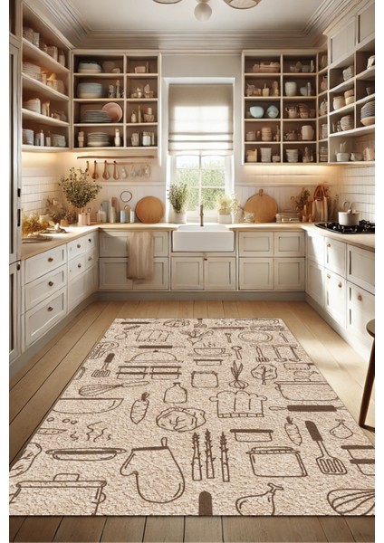 Mutfak Eşyaları Desenli Dijital Baskılı Bej Hav Yapmaz Dokuma Tabanlı Kaymaz Mutfak Halısı