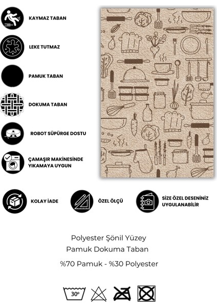 Mutfak Eşyaları Desenli Dijital Baskılı Bej Hav Yapmaz Dokuma Tabanlı Kaymaz Mutfak Halısı fırsatları