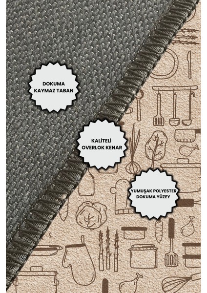 Mutfak Eşyaları Desenli Dijital Baskılı Bej Hav Yapmaz Dokuma Tabanlı Kaymaz Mutfak Halısı indirimleri