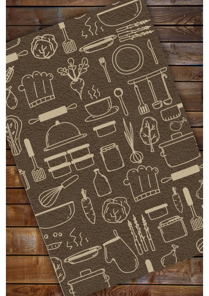 Dijital Baskılı Mutfak Eşyaları Desenli Kahverengi Lekelere Dayanıklı Dokuma Tabanlı Kaymaz Mutfak Halısı modelleri