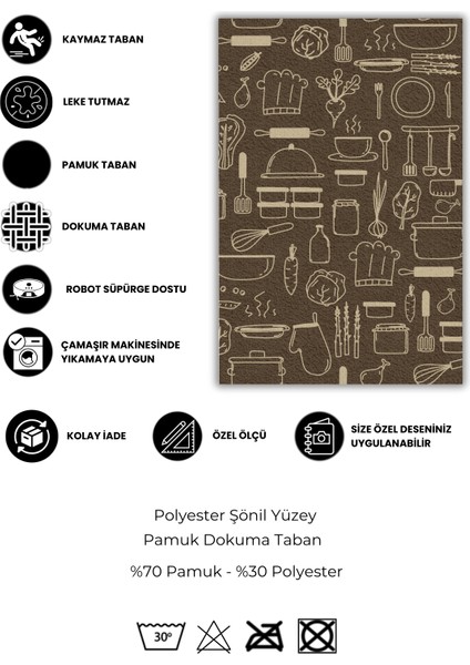 Dijital Baskılı Mutfak Eşyaları Desenli Kahverengi Lekelere Dayanıklı Dokuma Tabanlı Kaymaz Mutfak Halısı fırsatları