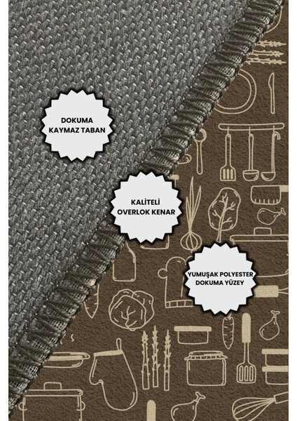 Dijital Baskılı Mutfak Eşyaları Desenli Kahverengi Lekelere Dayanıklı Dokuma Tabanlı Kaymaz Mutfak Halısı indirimleri