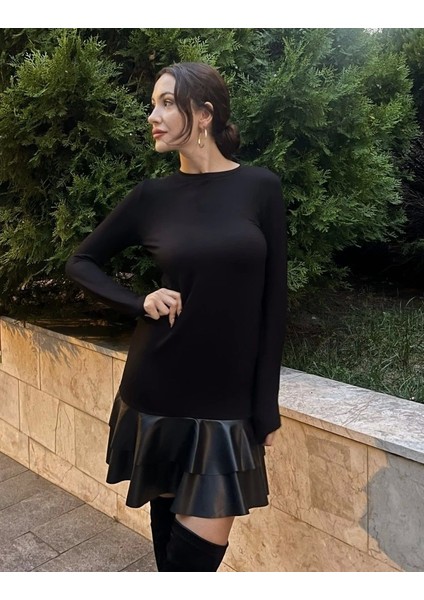 Kadın Uzun Kollu Bisiklet Yaka Üst Viskon Etek Ucu Deri Kısa Elbise fiyatları